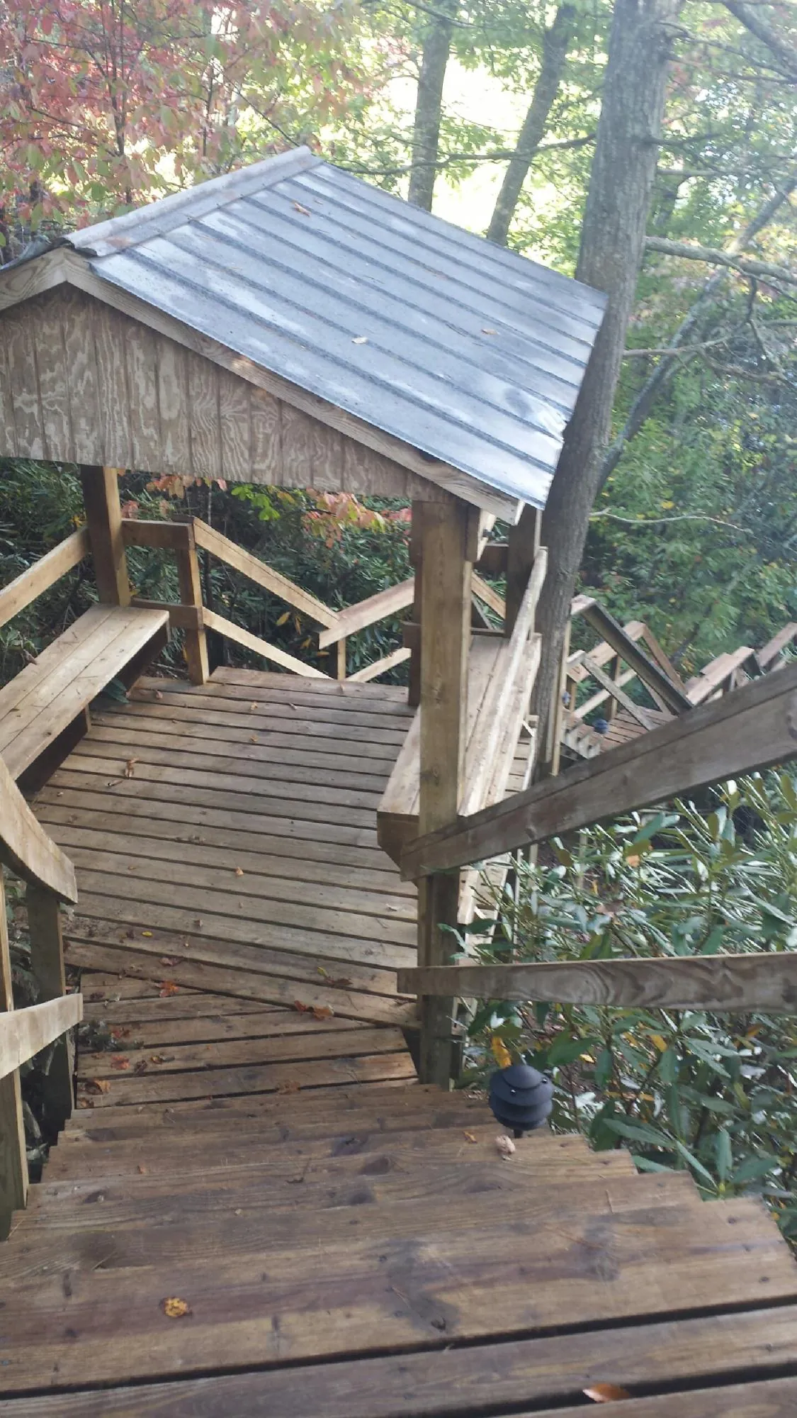 Metal roofed shelter over wooden steps on a wooded walkway — Skylight Repair & Installation work by our crew in Broxton
